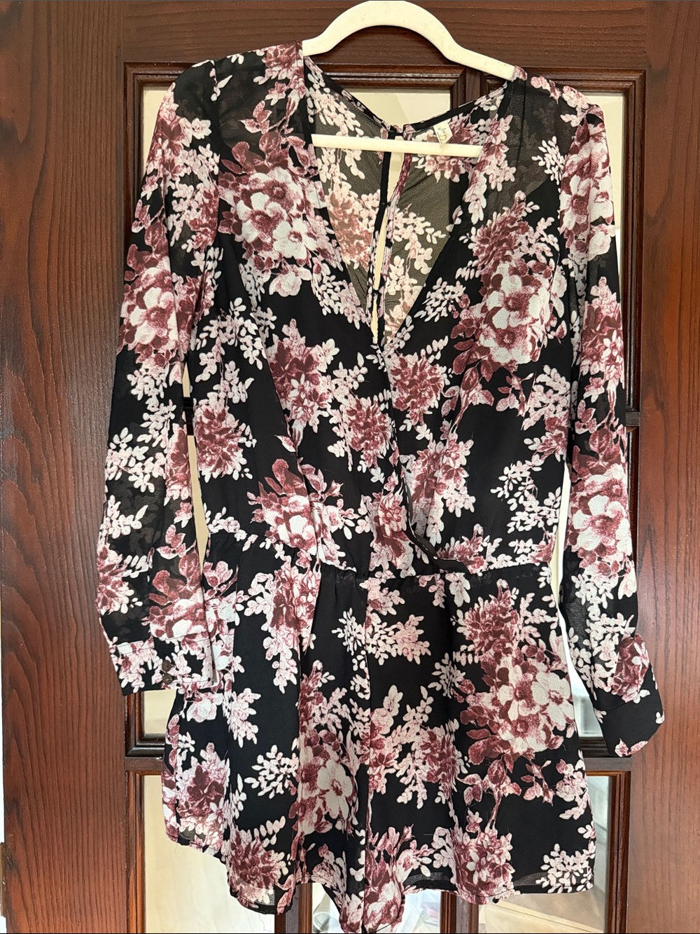 Free People Black Floral Long Sleeve Romper with Pink Blooms